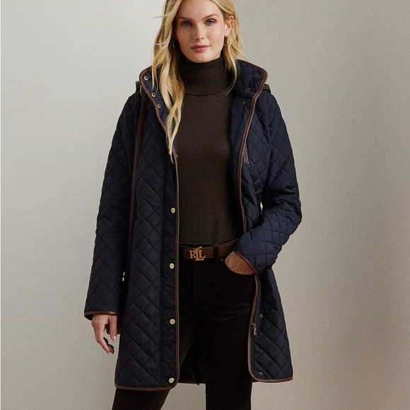 Ralph Lauren Jackets & Blazers - Ralph Lauren Navy Quilted Hooded Puffer with Brown Trim